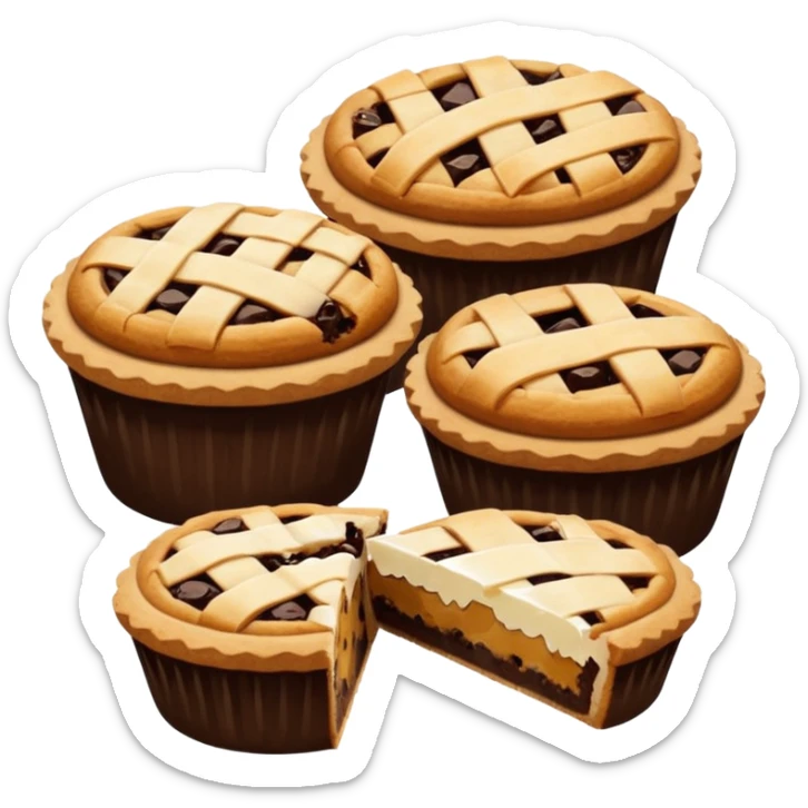 Baking community avatar in clean emoji-style illustration. Pies, cookies, and muffins grouped together, warm golden tones, simple shapes, flat design, high contrast, cozy and friendly. sticker