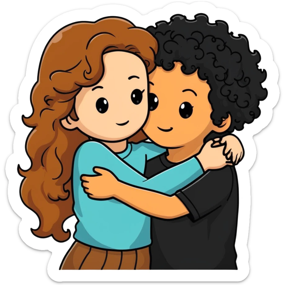 girl with long light brown hair and pale skin hugging a boy with black curly hair and tanned skin sticker