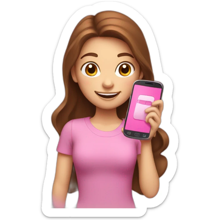 girl with brown hair, white skin, smiling and holding a pink cell phone in her hand sticker
