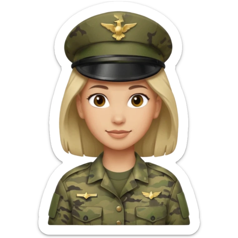 Female soldier emoji in Apple style, no cap/helmet, bust portrait, gentle smile, generic camo, hair visible, soft gradients, transparent PNG sticker
