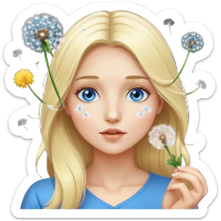 portrait woman long blonde hair blue eyes white skin blowing glowing dandelion seeds sticker