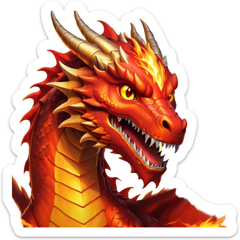 cinematic-noble-fierce-fire-dragon-portrait-emoji,-poised-and-imposing,-with-a-muscular,-scaled-body-ablaze-in-fiery-hues-of-crimson,-molten-orange,-and-molten-gold,-and-intense,-burning-eyes-that-mirror-the-heart-of-a-volcano;-rendered in detail sticker