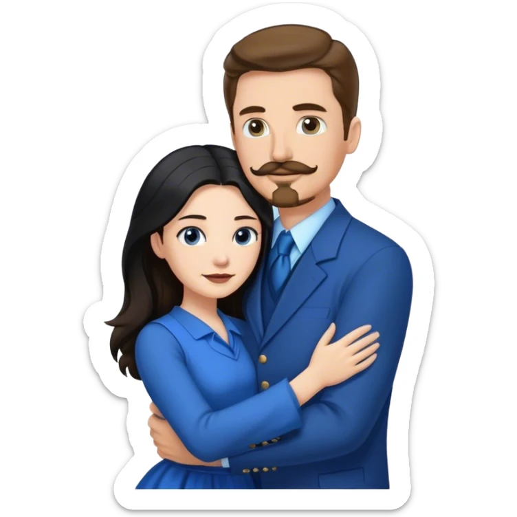tall white man with brown hair goatee mustache hugging a pale woman with long black hair, wearing blue formal clothing sticker