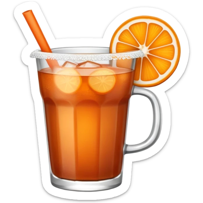 vaso de michelada, liquido rojizo, banderilla de tamarindo y rodaja de naranja sobre el vaso sticker