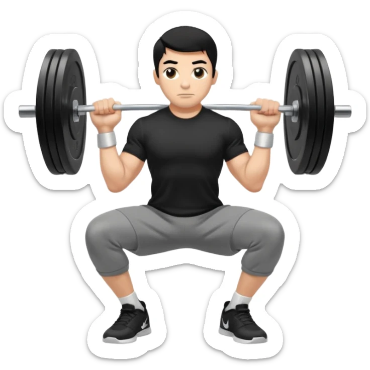 Hombre de cabello negro, tez moreno claro, vestido con playera negra, pants gris y tenis blancos tipo jordan haciendo sentadilla libre con barra con un disco de 20 kilos por lado visto de perfil  sticker