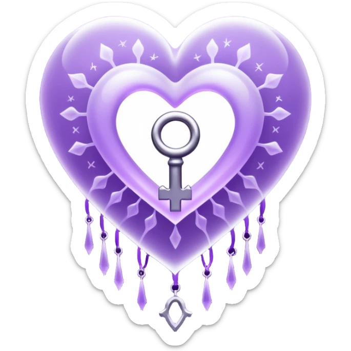 Purple ethereal occult heart floating, glowing key-like sigil at its center, veil-like mist, liminal mystical aesthetic sticker