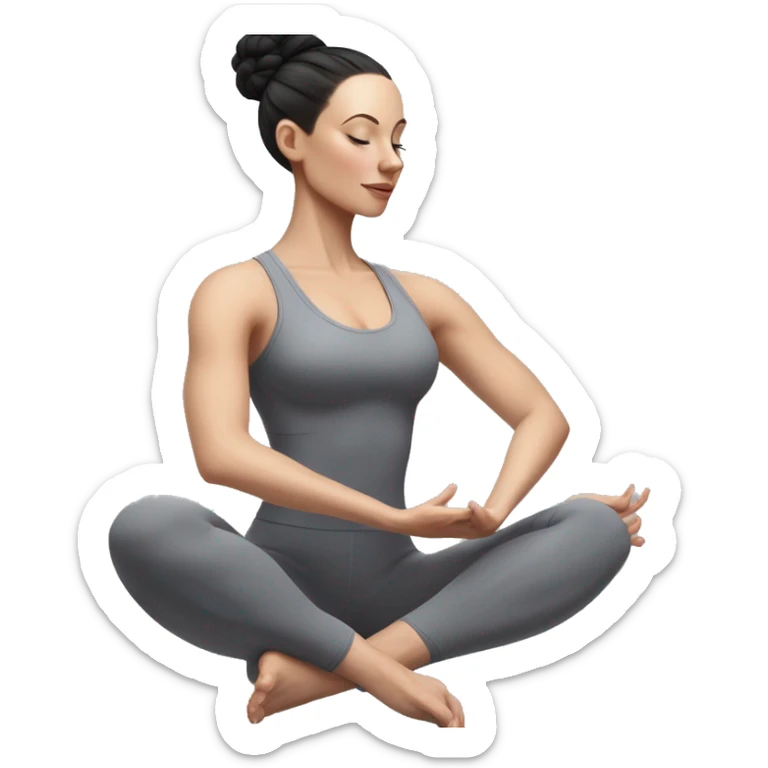 Pale skinned fit woman In a gray tight yoga suit and wristbands With black hair in a bun doing yoga sticker