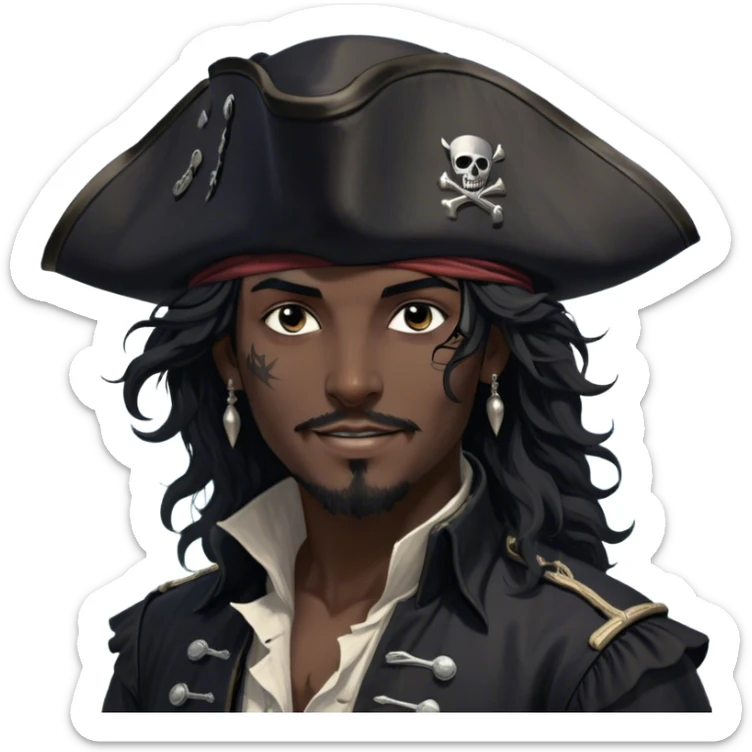 A charismatic pirate with wavy black hair that falls just past his shoulders, tousled slightly by the sea breeze. He wears a black tricorn hat with subtle silver embroidery along the edges, casting a shadow over his sharp, confident features. His piercing dark eyes glint with mischief as he gazes to the side, a knowing smile playing at his lips. His well-fitted black coat, adorned with polished silver buttons and intricate stitching, moves slightly with the wind, revealing glimpses of a deep-crimson waistcoat underneath. A silver chain dangles from his belt, catching the dim golden light of the setting sun. His posture is relaxed yet assured, exuding effortless charm as if he owns the sea itself. sticker