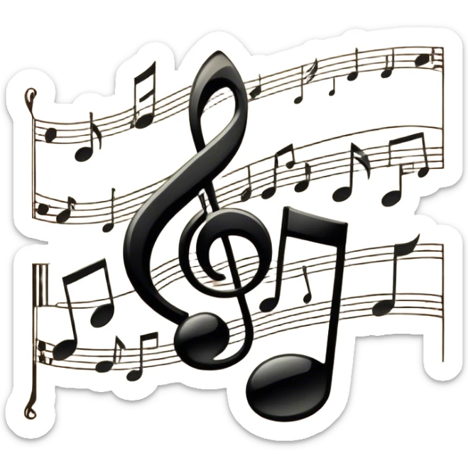 Cinematic Realistic Music Notes, crisp black ink on vintage sheet music, slightly curled edges, soft candlelight casting subtle shadows, glowing with an artistic and nostalgic charm. sticker
