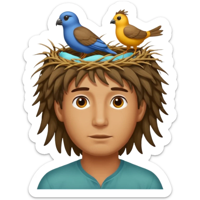 Man who has a birds nest on top of his head for hair sticker
