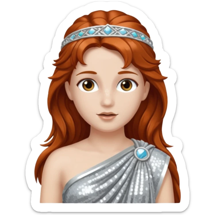 Diana from Roman Deities with long auburn hair, silver sequin toga sticker