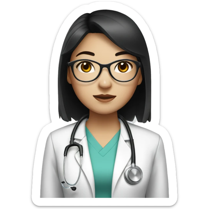 Asian girl, with white skin tone, black hair, wearing silver round circle glasses and a white scrub and a stethoscope  sticker
