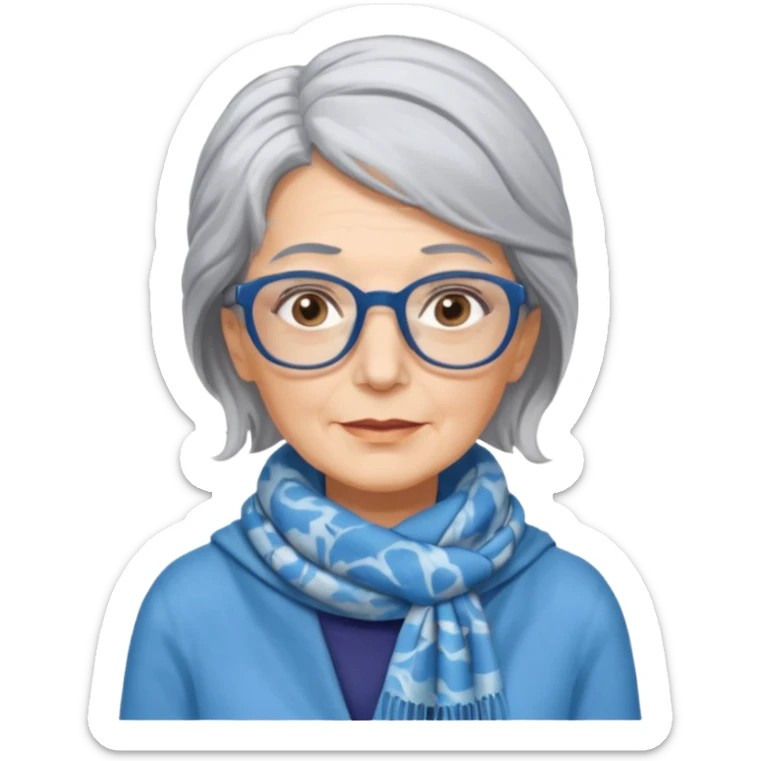 Older woman, shoulder length gray hair, wearing a scarf tied behind head, marbled blue rectangular glasses  sticker