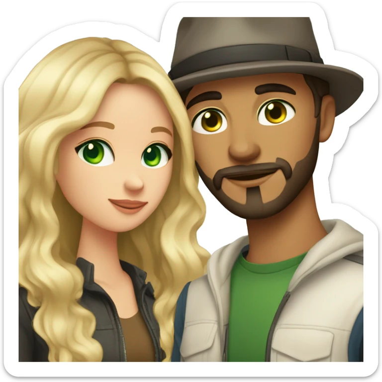 boyfriend and girlfriend. Boyfriend has wavy dark hair a beard and wears a hat with green eyes. Girlfriend has long balayage blonde hair and blue eyes.  sticker