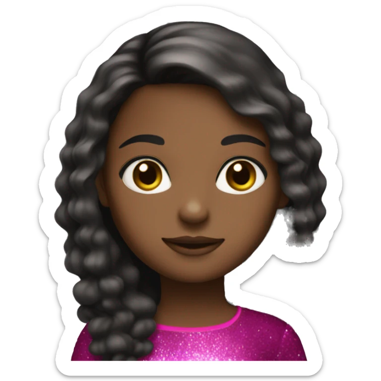 A girl with long hair black,fucsia dress,brown eyes,glitter sticker
