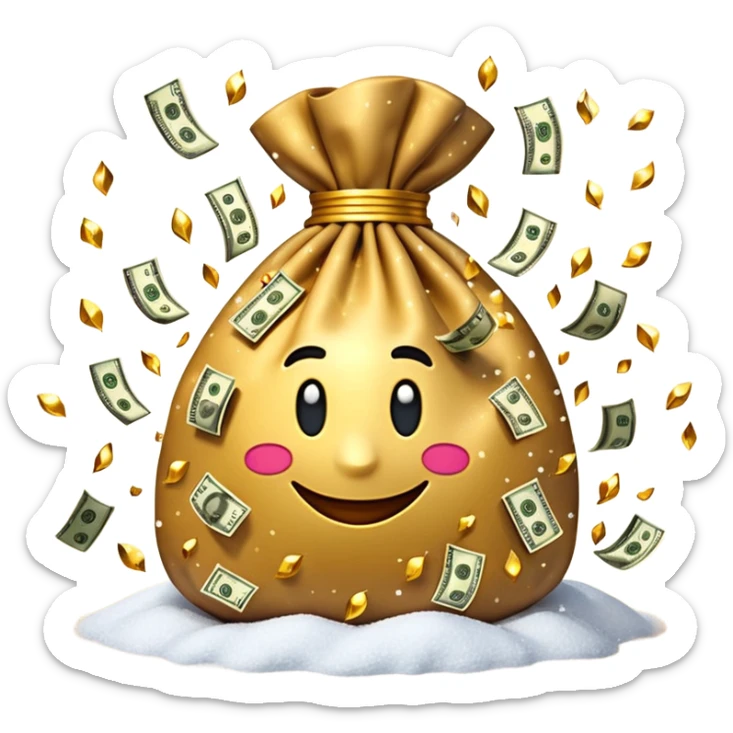3D emoji style, money bag with dollar bills, New Year theme, snow particles, festive lighting, rich vibe, high detail, transparent background

 sticker