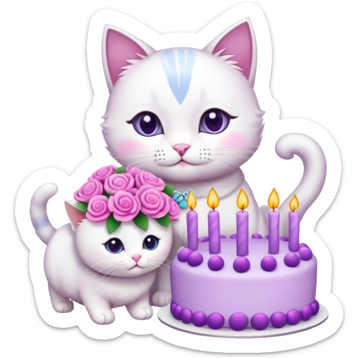Pink and purple flower bouquet next to a cute cat and a cute cake sticker