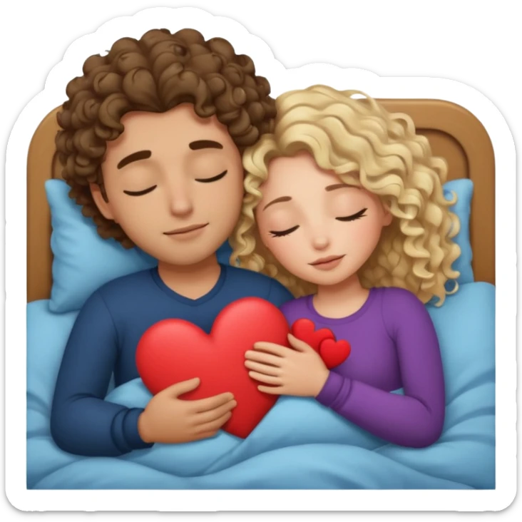 cuddling in bed, asleep. wavy haired blonde girl. man with curly,  dark brown hair. eyes closed. heart between them. no headboard sticker