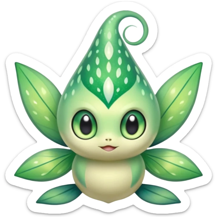 Sparkly White And Green Natural Flowery Colorful Seedot-Swadloon-Celebi-Fakémon-hybrid-creature (full body)  sticker
