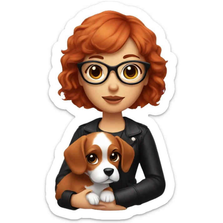red-haired girl with bangs and short hair and black glasses leather holding a Cavalier puppy sticker