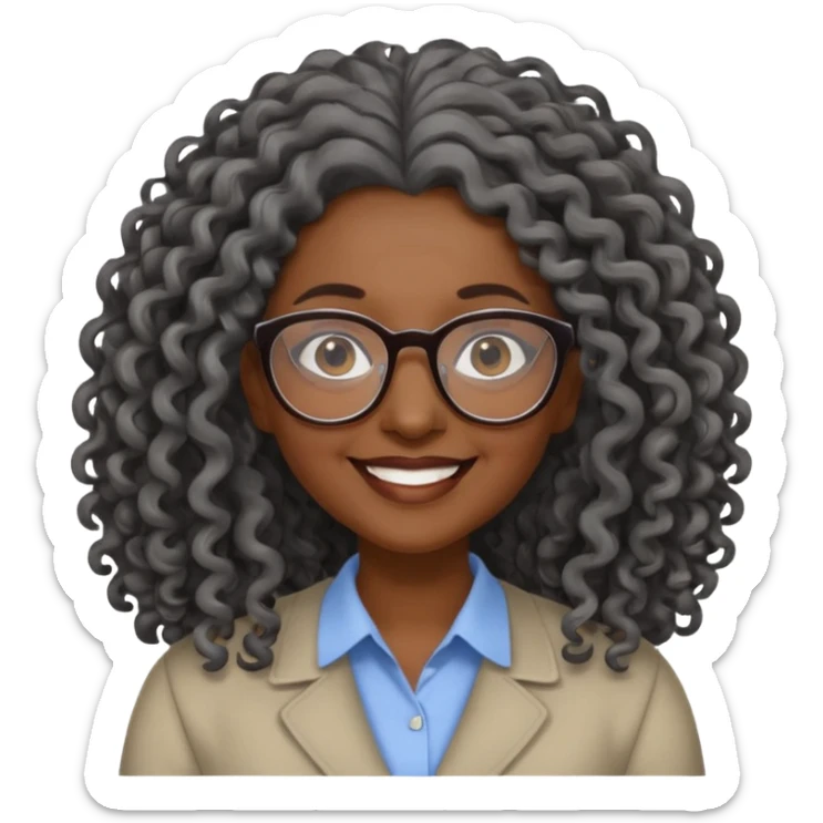 smiling dark older black woman wearing glasses with lots of long curly gray hair a sticker