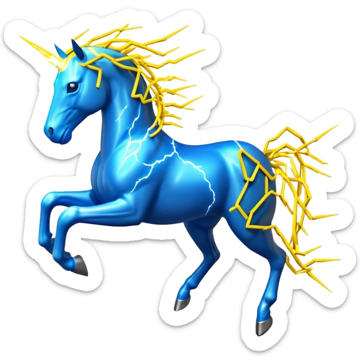 3D yellow electric horse made of lightning bolts, yellow electric wires, blue electricity sparks, dynamic running pose sticker