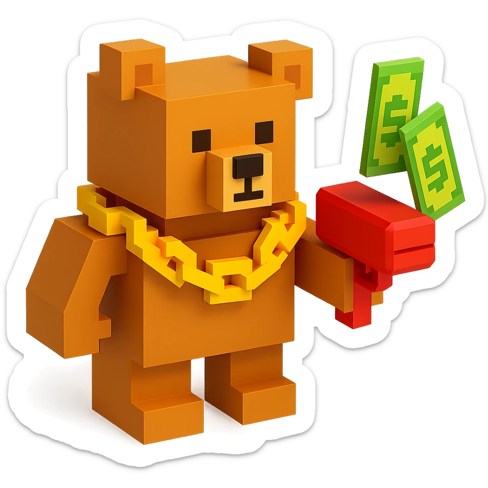 A grizzly bear with a chain and a money gun, voxel style, facing forward sticker