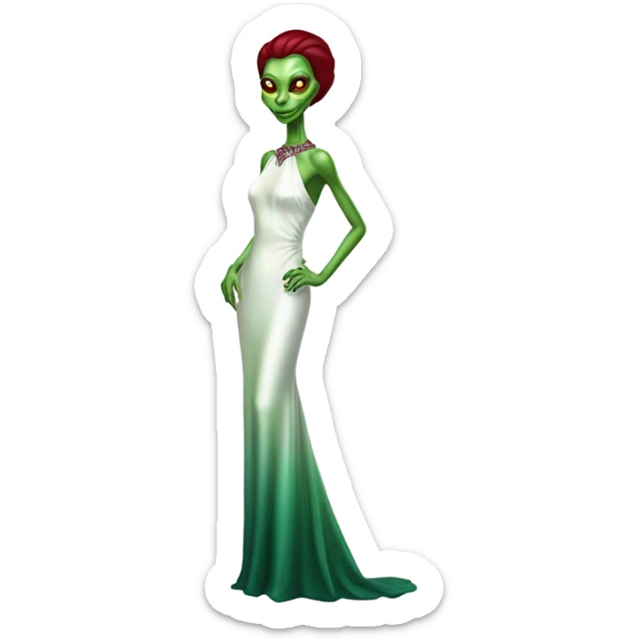 reptilian green alien woman, in( long slim pastel color:#FFFFFF formal party satin dress with gradient shiny sparkling dark red), full figure, full body sticker