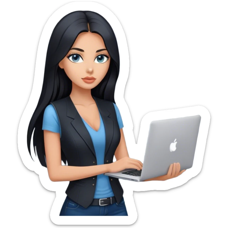 Glamours tanned very beautiful girl with pump peach nude lips and black straight smooth long hair, blue-grey eyes in beautiful black  v-neck vest from the suit (short sleeves) no blazer and no anything under the vest, only vest with MacBook sticker