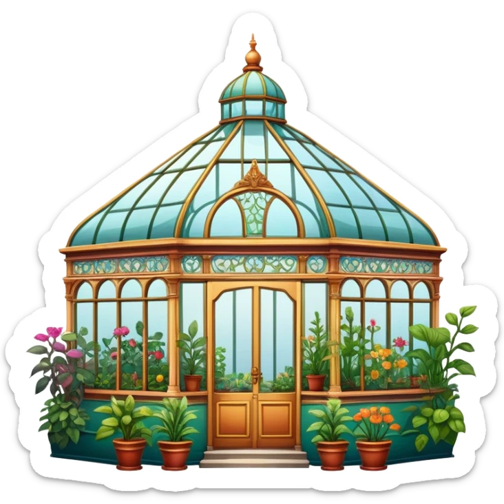 Outside view of an aesthetically pleasing, vintage, maximalist greenhouse sticker