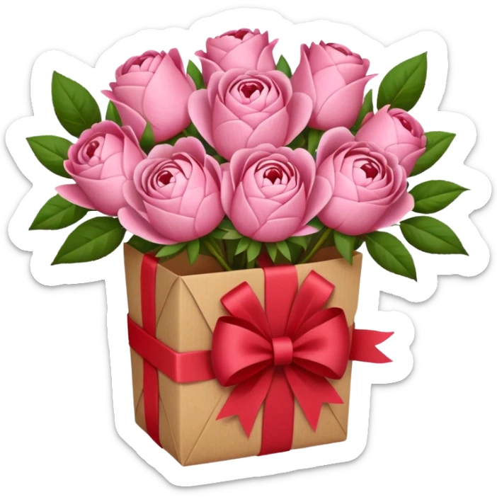 Bouquet of pink flower like rose and peony wrapped in kraft paper with red bow sticker