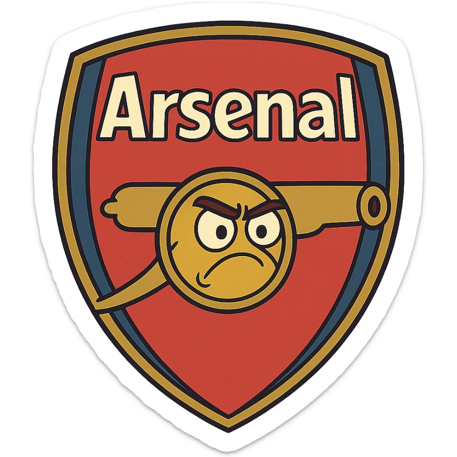 Arsenal football club logo, bold, iconic, red and gold, shield shape, cannon symbol, modern sports logo style sticker