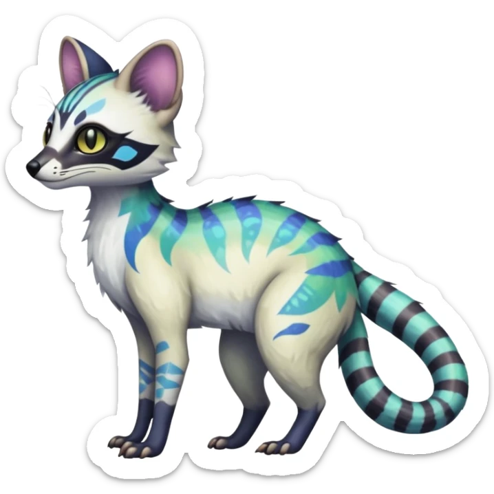 Rare iridescent white exotic epic aesthetic colorful Trico-Genet-species-Fakemon-hybrid-creature, with intricate tattoo markings, full body sticker