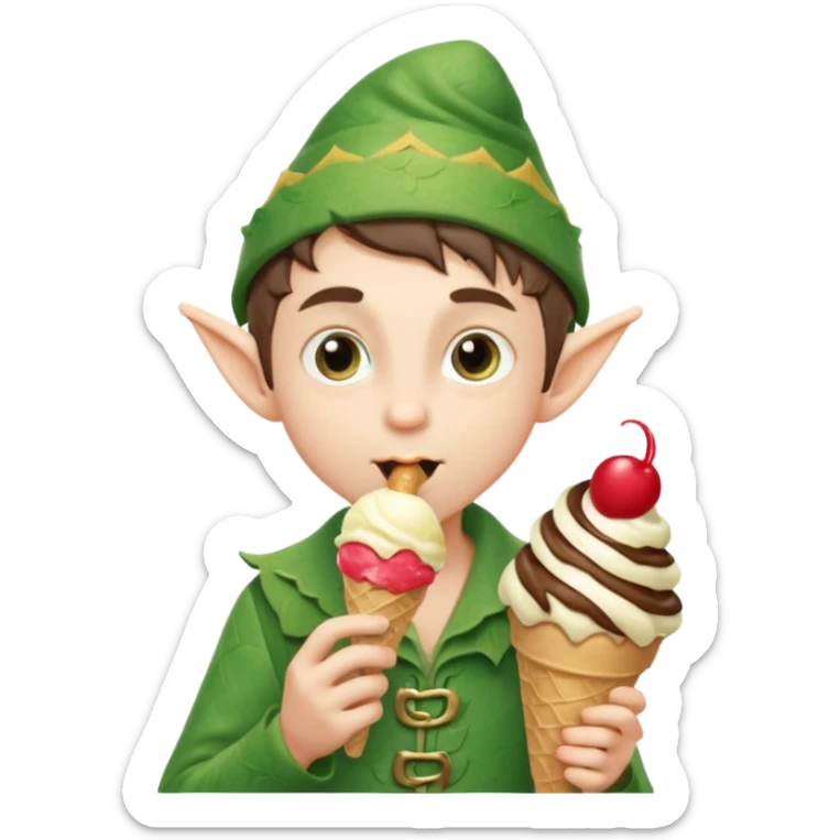 
A young elf boy in leafy clothes licking a triple-scoop ice cream with wide eyes.


A playful forest elf sitting on a log, balancing a huge ice cream tower in one hand.




 sticker
