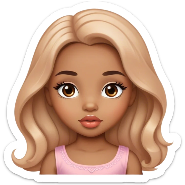 Glamourous, light brown skin tone, very beautiful toddler, with big plump peach-beige lips, long long lashes, black wavy smooth long hair, straight parting hair, brown eyes sticker