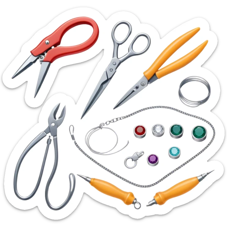 Jewelry art icon, various jewelry pieces like rings, necklaces, and bracelets in progress, visible tools such as pliers, gemstone, wire, and soldering equipment, minimalistic style, clean lines, transparent background. sticker