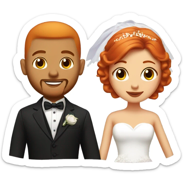 bride and groom bride is a red head with tattoos and groom is black with a small beard and buzz cut sticker