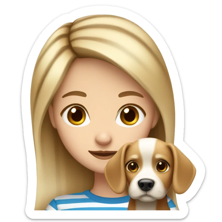 Blond girl with brown eyes holding her blue eyes striped brown dog sticker