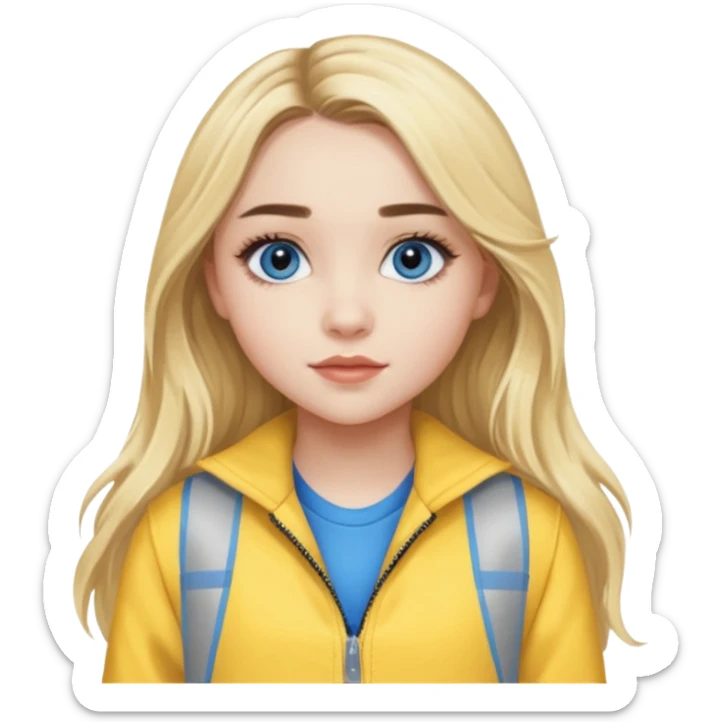 Sabrina Carpenter blue eyes, long blonde hair, yellow tour outfit sticker
