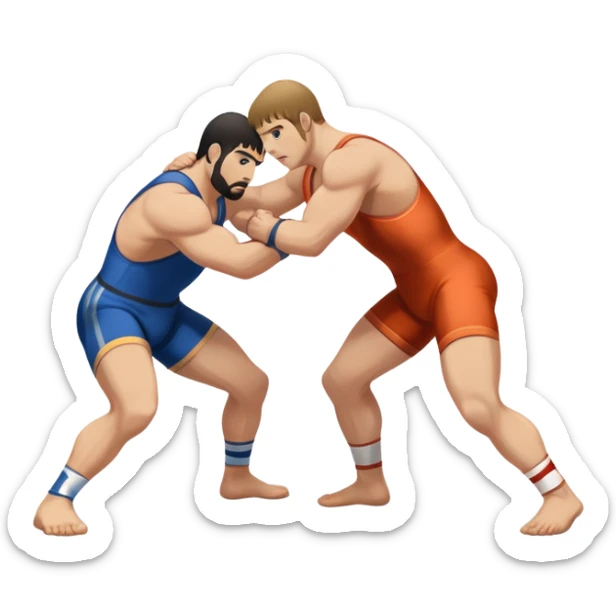 An icon symbolizing Greco-Roman wrestling, showing two wrestlers locked in a powerful grip, focusing on upper-body techniques. The background features a wrestling mat, with the athletes wearing traditional singlets. Transparent background highlights the strength and skill of the sport. sticker
