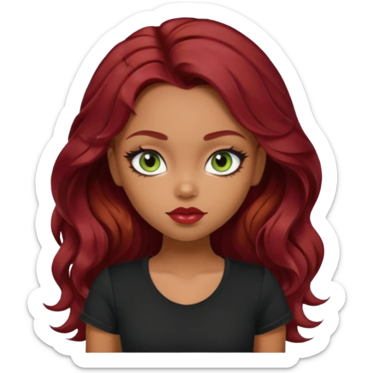 a pretty fair bratz girl with wavy dark red hair, wearing a black tee. eyeliner on, olive green eyes. Till Waist \ sticker