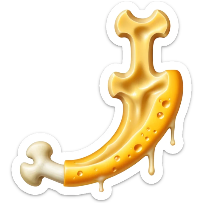 Shredded cheese emitting ethereal golden glow toward a femur bone that shows a healing process with bright golden spots. A luminous K2 vitamin symbol floats nearby, directing the healing energy from the cheese to the specific healing points on the bone. sticker