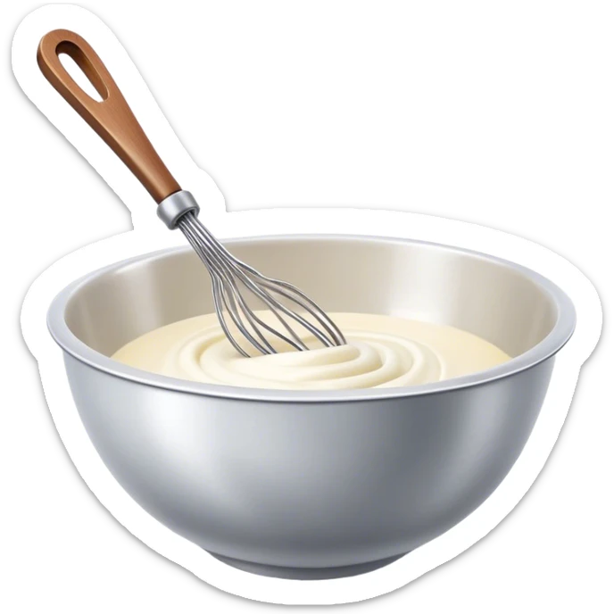 Cinematic Realistic Whisk & Mixing Bowl, a well-used metal whisk resting in a smooth ceramic mixing bowl, light reflecting off the whisk’s polished surface, subtle smears of batter along the rim, glowing with a sense of warmth and creativity. sticker