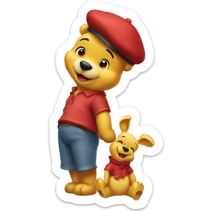 white winnie the pooh, parisien style with red beret on hair and baguette 🥖  on arms, in front of eiffel tower sticker
