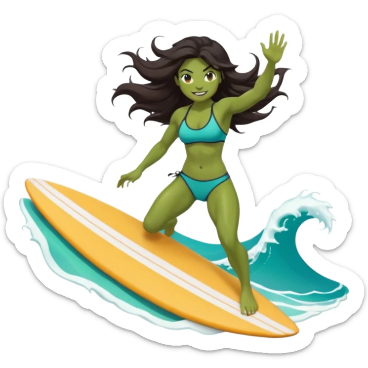 ork female surfer riding big turquoise wave, muscular green body, fierce tusked grin, sporty bikini top and board shorts, long windswept dark hair, focused eyes, surfboard under feet, minimal ocean and sky background, centered emoji, vibrant summer colors, sticker style sticker