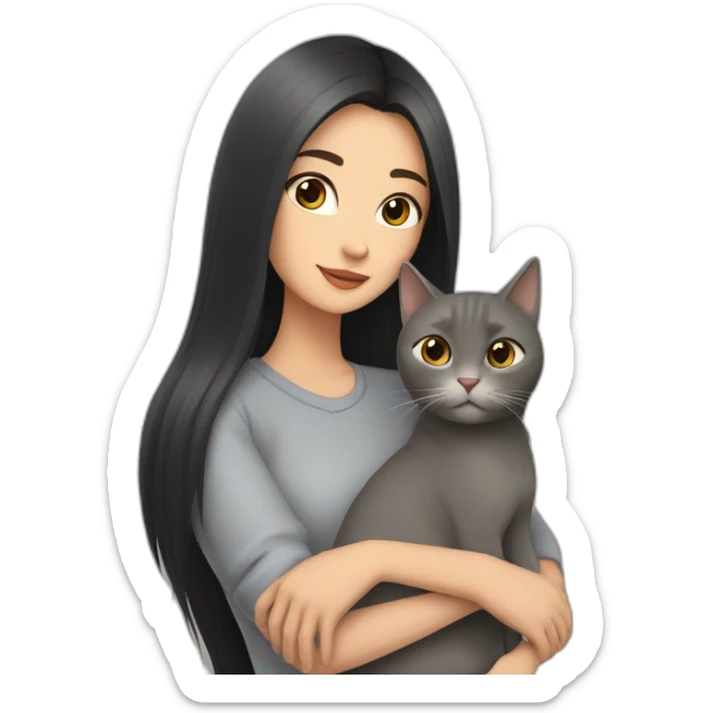 beautiful woman with dark long straight hair and brown eyes hugs a grey cat  sticker