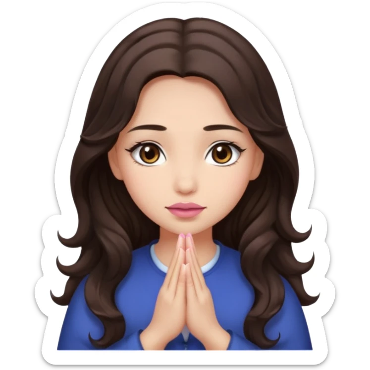girl with wavy long glamorous dark brown hair, brown eyes, light to medium complexion, long lashes, light pink lipstick, praying sticker