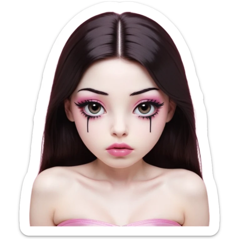 girl with white skin, dark brown long straight hair falling in front of her body, very big pouty extra shiny lips with absolutely no cupid's bow, shiny large eyes with black eyeballs and long eyelashes, lighter button nose, very long oval-shaped face, wearing a pink bandeau top with straight neckline, looking directly at camera with hands down at sides sticker