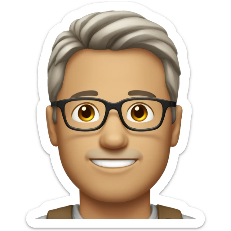 man with short light brown hair with a gray streak in the front and brown eyes and glasses sticker