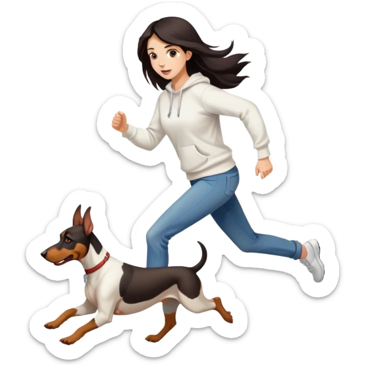 A beautiful girl with long hair wearing a white sweatshirt and jeans is running with a Doberman sticker